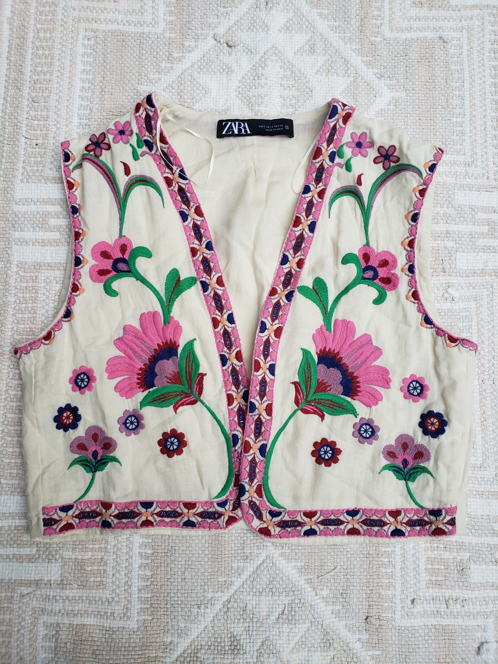 ZARA Cream Cropped Embroidered Floral Vest with Pink & Green